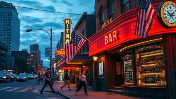 Lively evening scene at bar on Second Street, Long Beach crackdown.