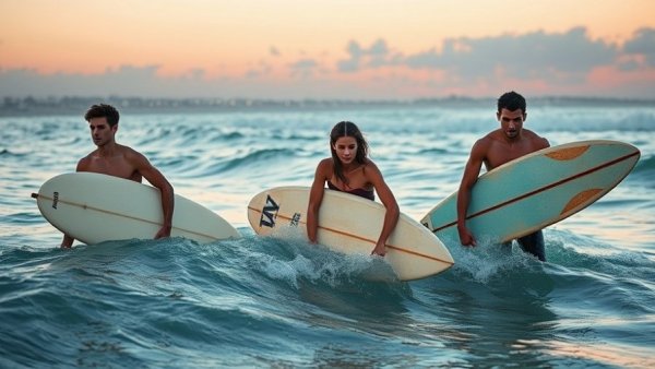 Surfers entering ocean at sunset with city in the background, Core Power Training for Surfers.