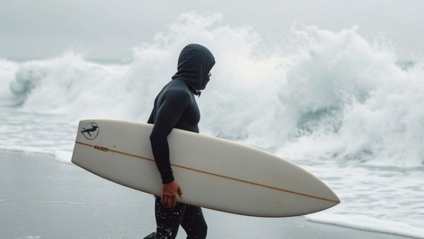Winter surfer in 5/4/3 wetsuit facing cold waves