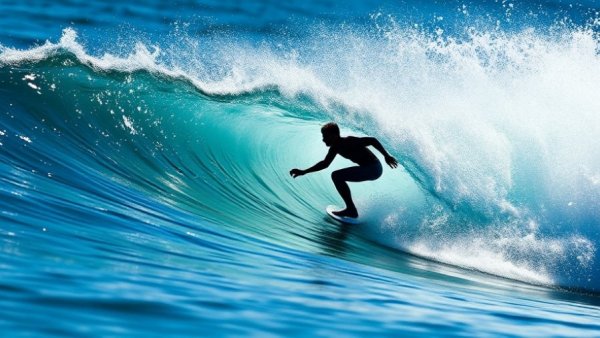 Surfer carving a wave under strong Santa Ana winds with sunlight glistening.