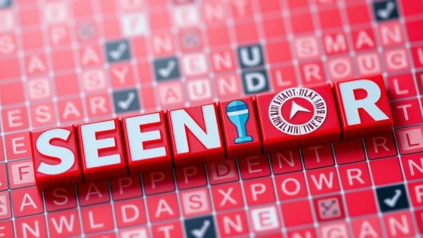 Digital crossword with 'SENIOR' and travel theme in vibrant red.