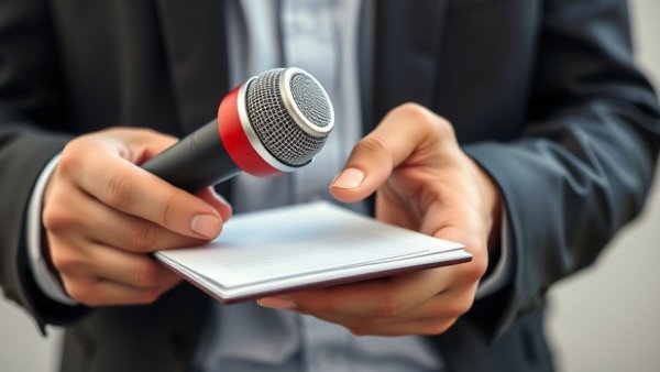 Journalist with microphone, writing notes, latest medical news coverage.