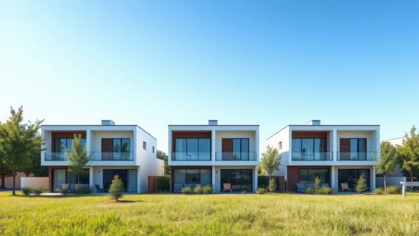 Modern 3D printed houses on suburban street under blue sky.
