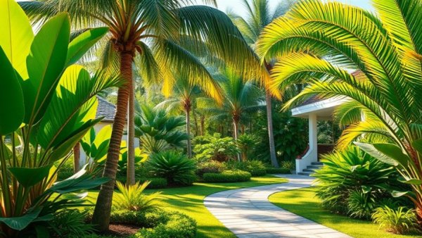 Luxurious tropical garden path with vibrant greenery and palm trees.