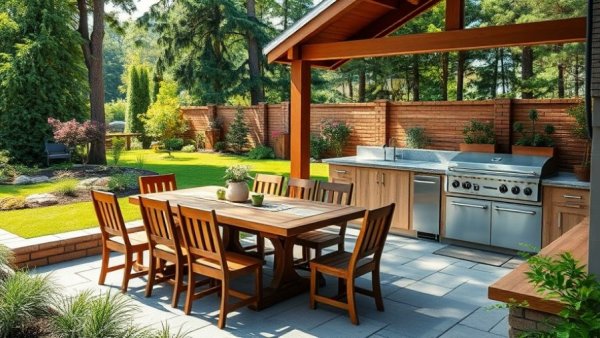 Outdoor kitchen with seating area in lush garden.