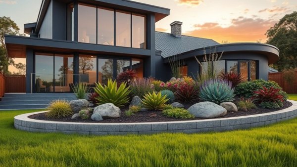 Modern raised garden edging design idea with rocks and plants at sunset.