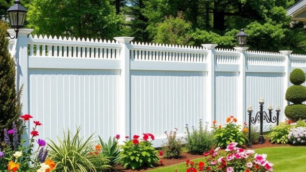 Elegant vinyl privacy fence design with flowers and lamp posts.