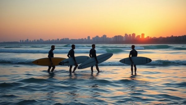 Surfers with boards in the ocean at sunset, surf specific Pilates.