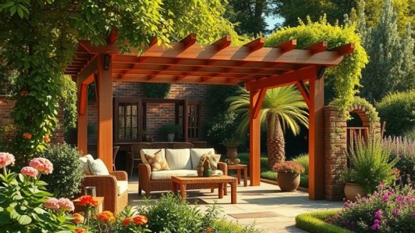Charming outdoor living space design idea with a pergola and greenery.