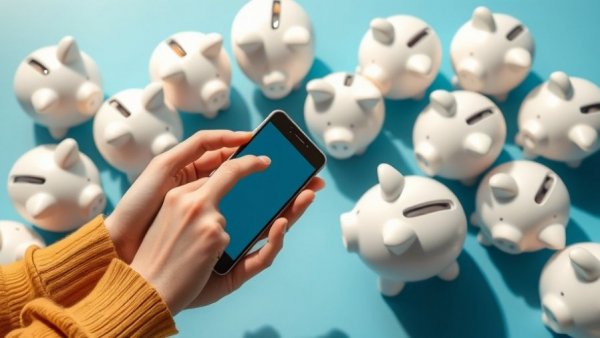 Smartphone usage tips amid playful setup with piggy banks.