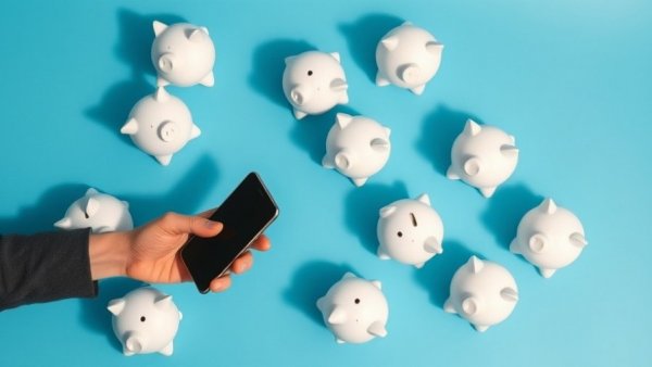 Smartphone tips to save money concept with piggy banks.