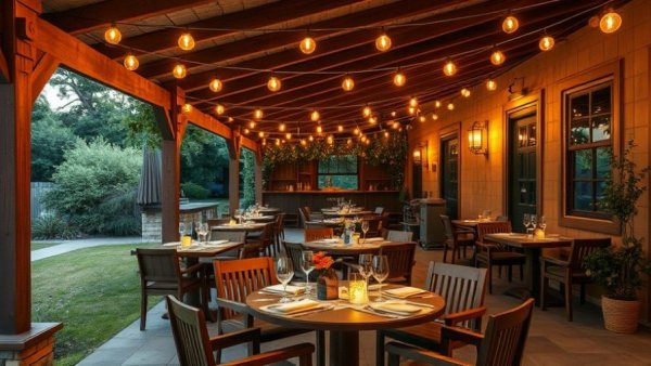 Charming covered outdoor dining ideas with string lights and elegant setup.
