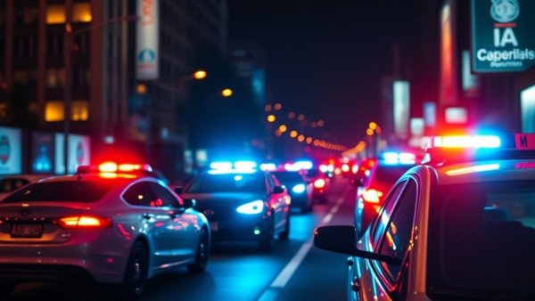 Police cars with flashing lights at nighttime, Long Beach shooting incidents scene.