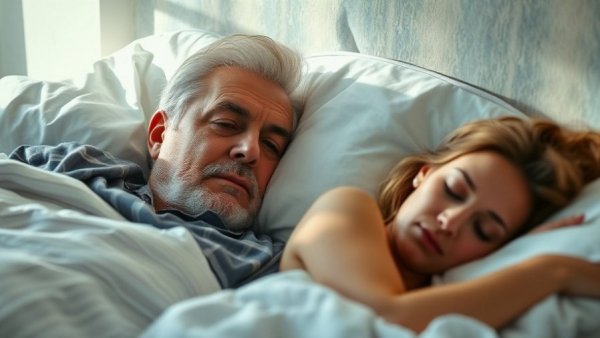Senior man coping with loss while lying awake in bed.