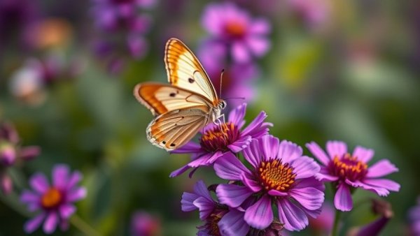 Purple perennial flowers with butterfly, attracting butterflies.