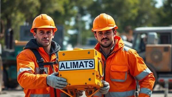 Workers handling ALIMATS equipment at a site, related to construction.