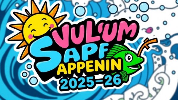 Volcom Surf Happening 2025-26 colorful cartoon logo with a sun character.