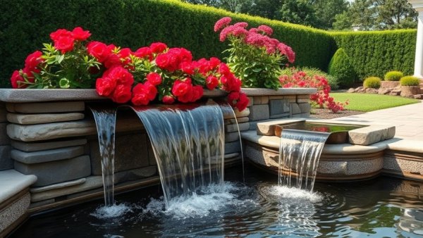 Wall water feature design idea with cascading waterfalls and flowers.