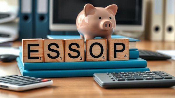 ESOP blocks and piggy bank illustrating employee benefits.