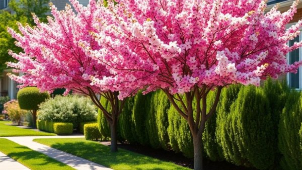 Small front yard trees with pink blossoms in sunny garden