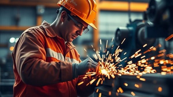 Construction worker cutting metal with sparks flying, FK Facades and Construction administration.