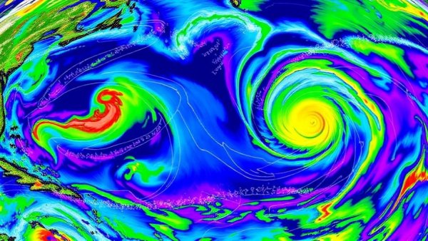 Colorful weather map shows cyclonic activity in North Atlantic.