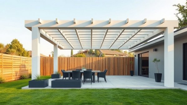 Modern patio pergola with minimalist design in a contemporary outdoor space.