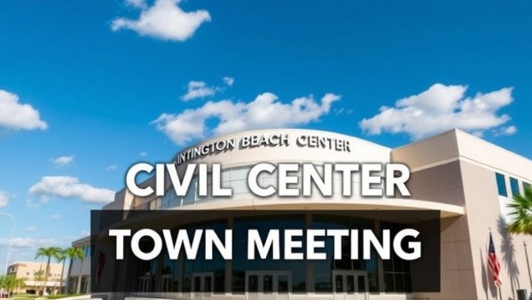 Town Hall Meeting announcement at Huntington Beach Civic Center.