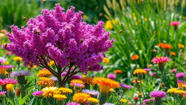 Small trees for flower beds surrounded by colorful blooms and bees.