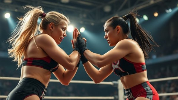 High school wrestling match with two female athletes competing.