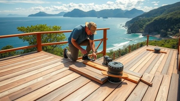 Skilled craftsmen installing a sloped deck design with mountain view.
