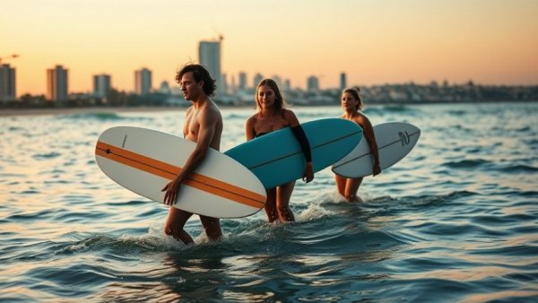 Surfers walking in ocean at sunset near cityscape, yoga for surfers concept