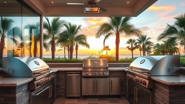 Modern outdoor kitchen with BBQ grill in tropical setting at sunset.