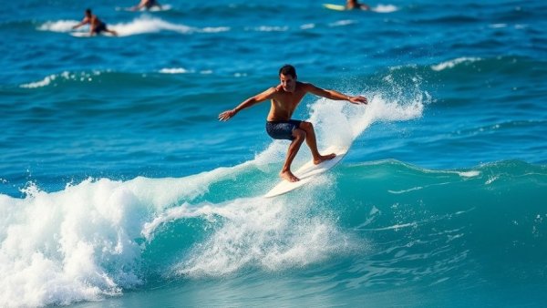 Surfer at Corky Carroll's Surf School riding a wave with others in the ocean.