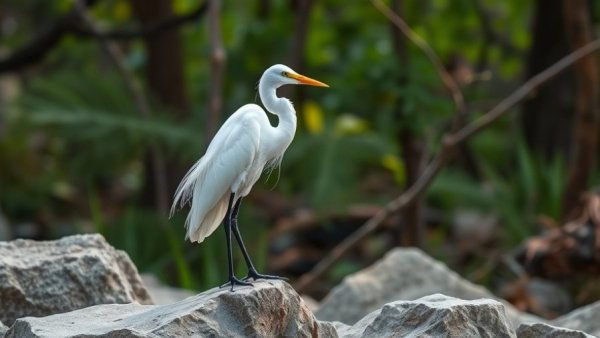 White egret at El Dorado Nature Center, perched on rocks in a lush forest.