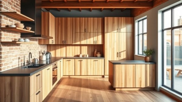 Modern kitchen showcasing wooden cabinetry for improving home insulation for heat pumps.