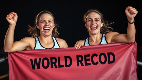 Two women celebrate rowing world record with a banner at night.
