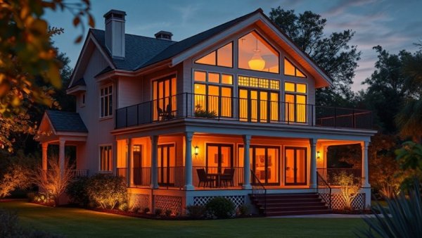 Spacious second-story deck design with warm lighting and garden.