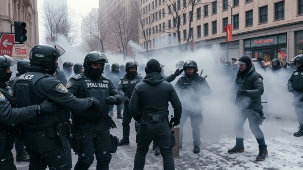 Protest scene in Minneapolis with police and demonstrators in fog.