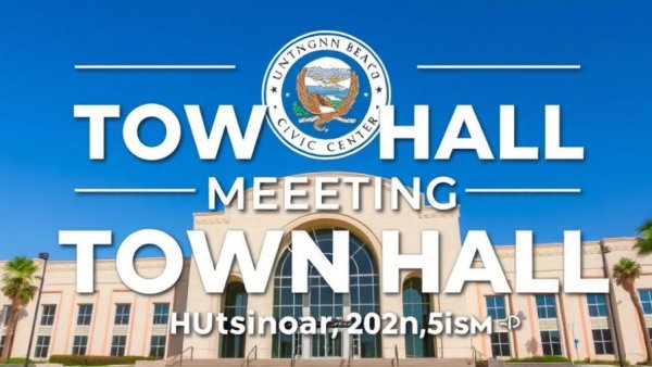 Promotional graphic for Town Hall Meetings Huntington Beach Civic Center.