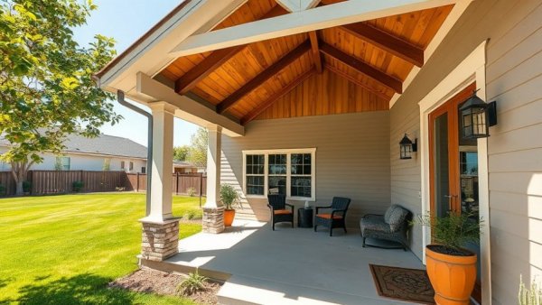 Beautiful covered porch design with wooden beams and lush greenery.