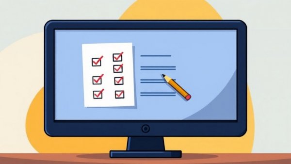 Cartoon checklist on monitor with pencil, latest medical news.