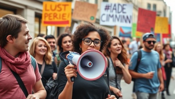 Activists in urban protest against ICE, woman with megaphone leading.