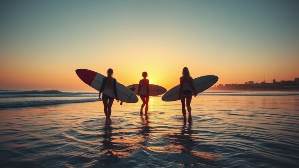 Surfer girls at sunset with boards in ocean, silhouette cityscape.