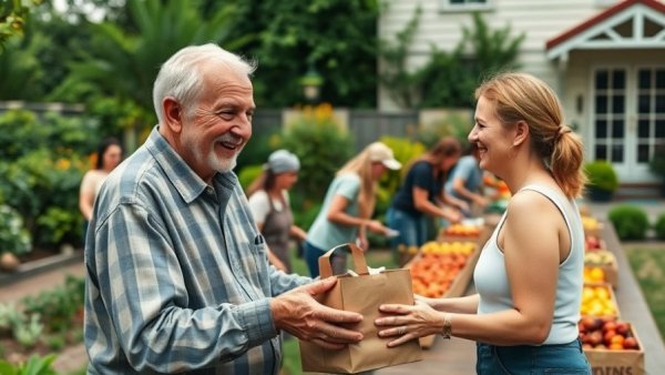 Community kindness for seniors: Elderly man receiving groceries outdoors.