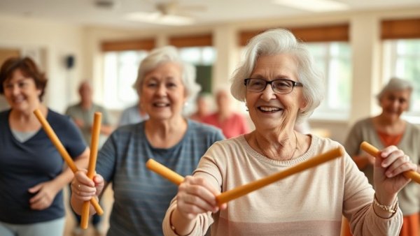 Seniors engaging in rhythmic exercise, smiling and active.