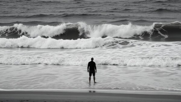 Monochrome ocean scene highlighting tides and wind effects.