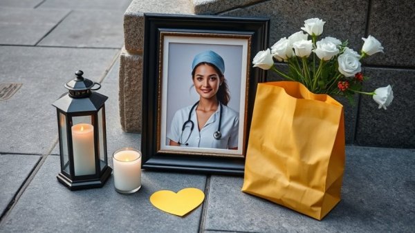 Memorial for ICU nurse Alex Pretti, including photo, candle, heart bag.