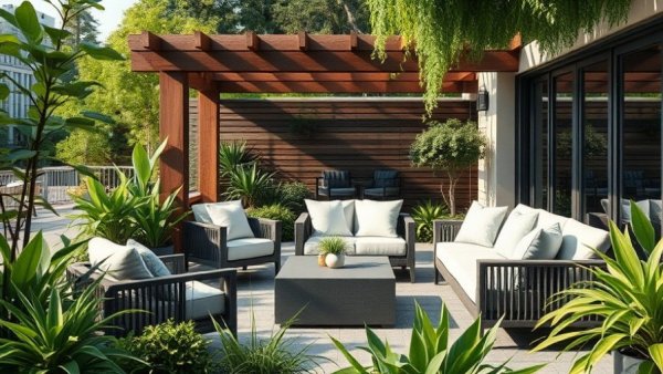 Elegant patio with lush plants showcasing landscaping ideas for north-facing gardens.