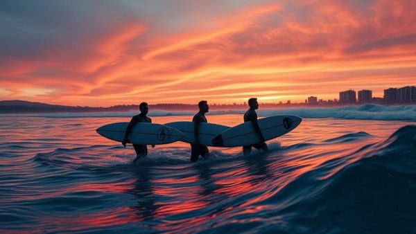 Surfers with boards at sunset by coastal cityscape.